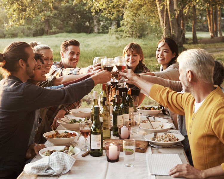 A group of friends enjoying lunch and wine at an outdoor table in the bushland